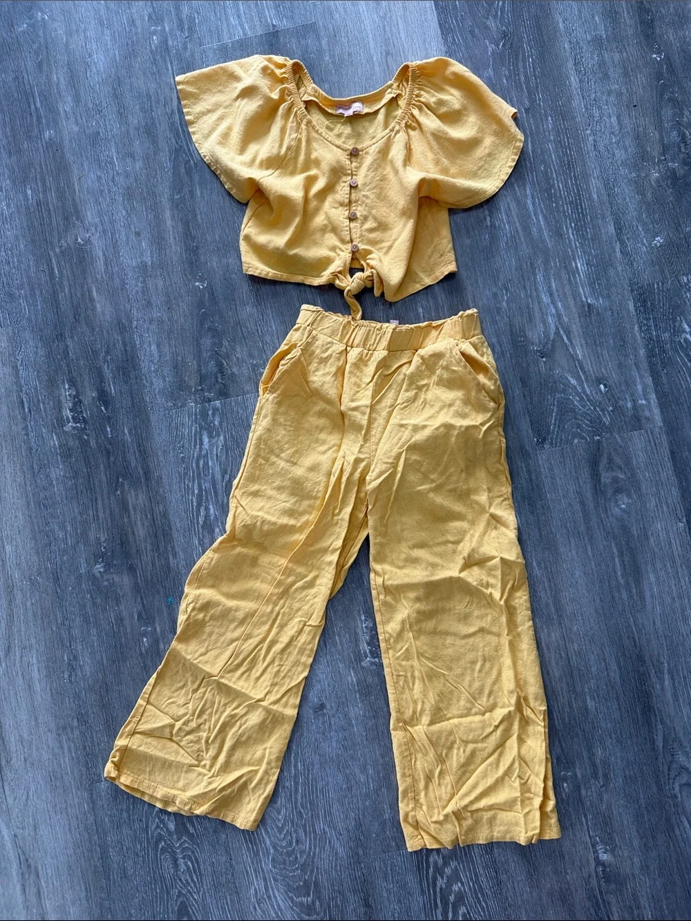 Yellow Kids Linen Matching Set - Crop Top & Wide Leg Pants
